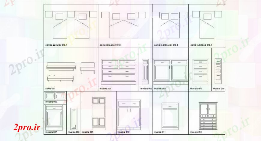 دانلود نقشه بلوک مبلمان تخت های متعدد، کابینت و  های  (کد105285)