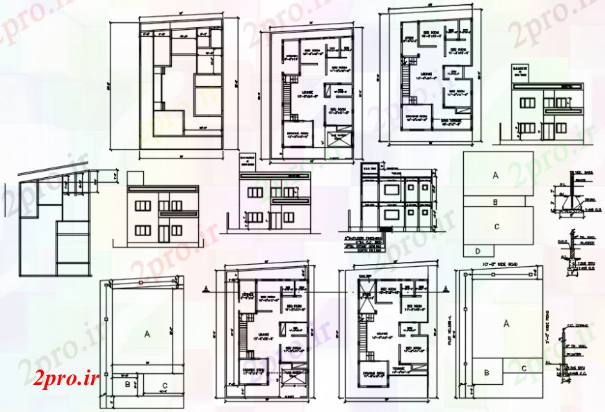 دانلود نقشه مسکونی  ، ویلایی ، آپارتمان  طرحی خانه مزرعه، نما و  بخش  (کد105305)