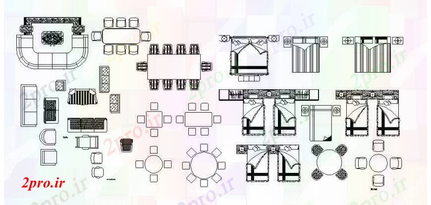 دانلود نقشه بلوک مبلمان تخت های متعدد، ناهارخوری میز و بلوک های مبلمان  (کد105354)