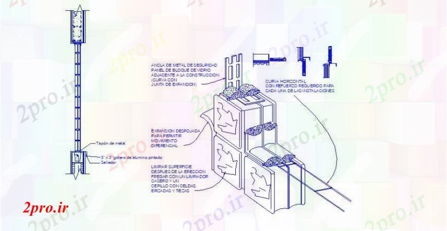 دانلود نقشه جزئیات ساخت و ساز بلوک های سازنده دیوار برای شیشه ای  نصب و راه اندازی طراحی جزئیات  (کد105384)