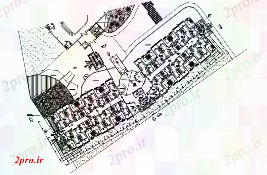 دانلود نقشه هتل - رستوران - اقامتگاه طرحی طبقه همکف با پذیرش هتلی را 16 در 69 متر (کد105391)