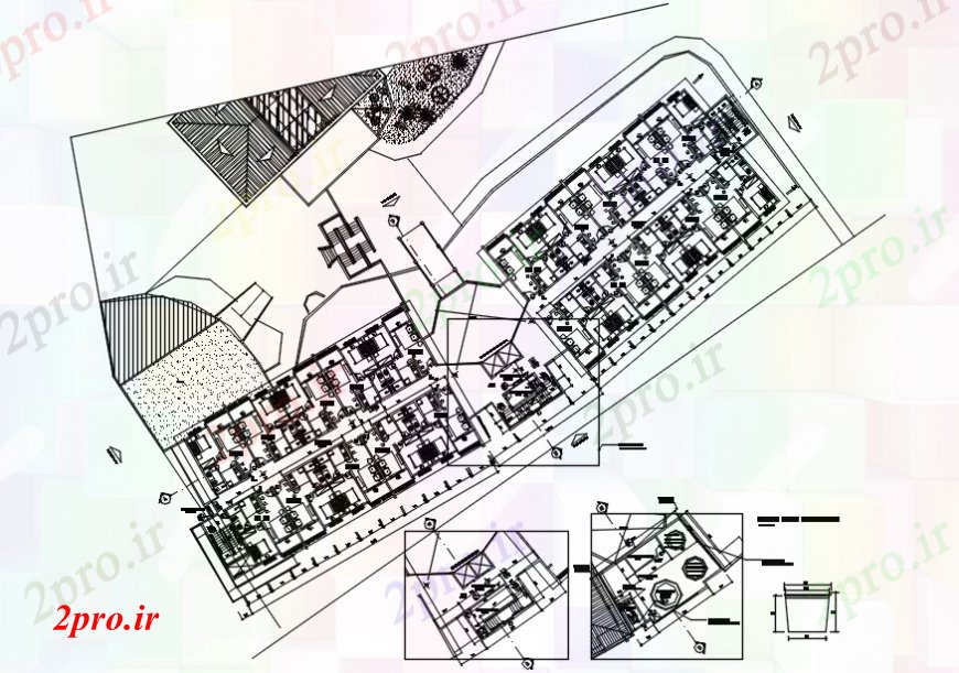 دانلود نقشه هتل - رستوران - اقامتگاه طرحی با جزئیات آسفالت هتلی را 16 در 66 متر (کد105396)