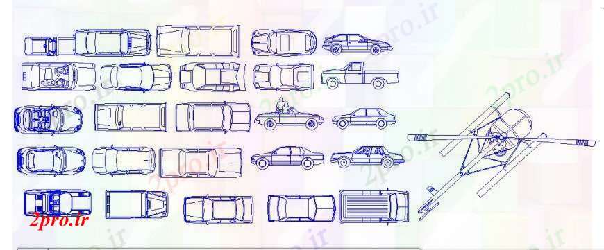 دانلود نقشه بلوک وسایل نقلیه اتومبیل های خانواده های متعدد و بلوک نما هلیکوپتر  (کد105430)