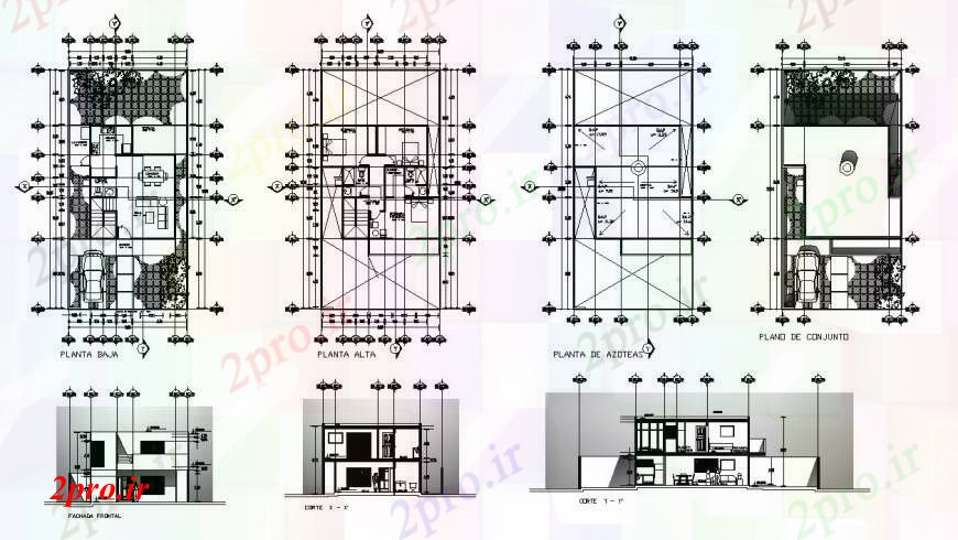 دانلود نقشه مسکونی  ، ویلایی ، آپارتمان  دو سطح خانه نما، بخش و طرحی طبقه  (کد105485)