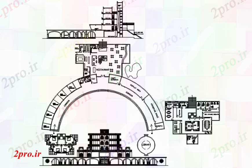 دانلود نقشه ساختمان دولتی ، سازمانی طرحی مرکز فرهنگی و نما در اتوکد 48 در 70 متر (کد105503)