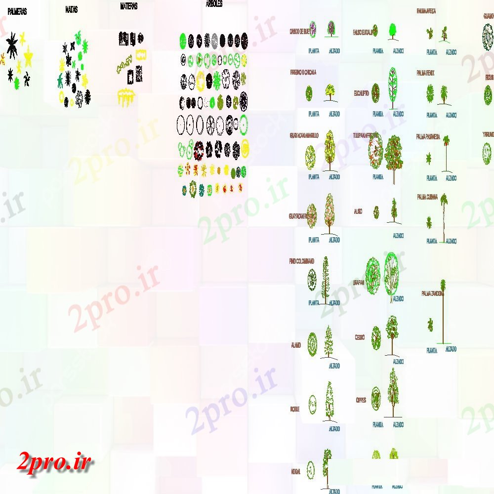 دانلود نقشه درختان و گیاهان طرحی و نما بلوک درخت های مختلف (کد105515)