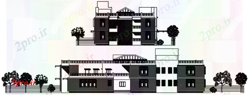 دانلود نقشه مسکونی ، ویلایی ، آپارتمان نما ویلایی در اتوکد 14 در 33 متر (کد105560)