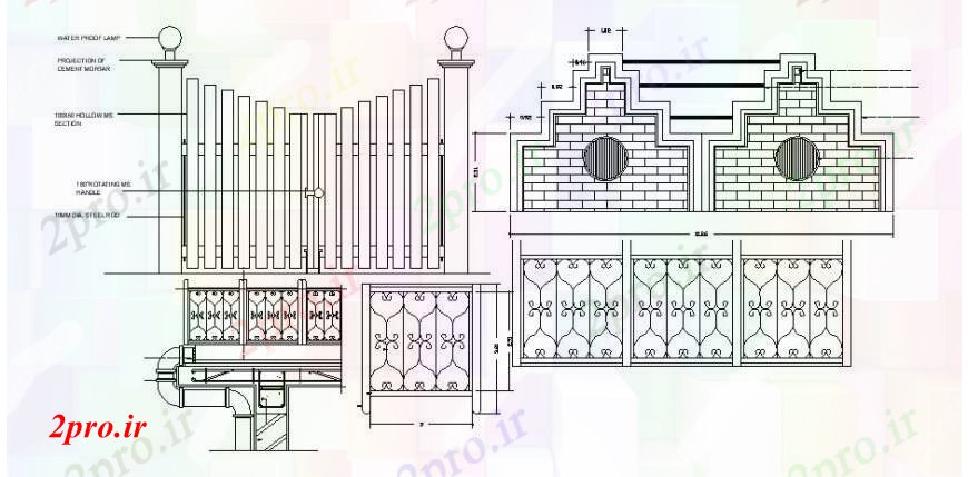 دانلود نقشه طراحی جزئیات ساختار دروازه اصلی ویلا نما، طرحی و حصار جزئیات (کد105603)