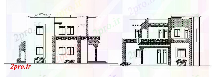 دانلود نقشه مسکونی  ، ویلایی ، آپارتمان  دو طبقه خانه کلاسیک نما اصلی و پشت  (کد105652)