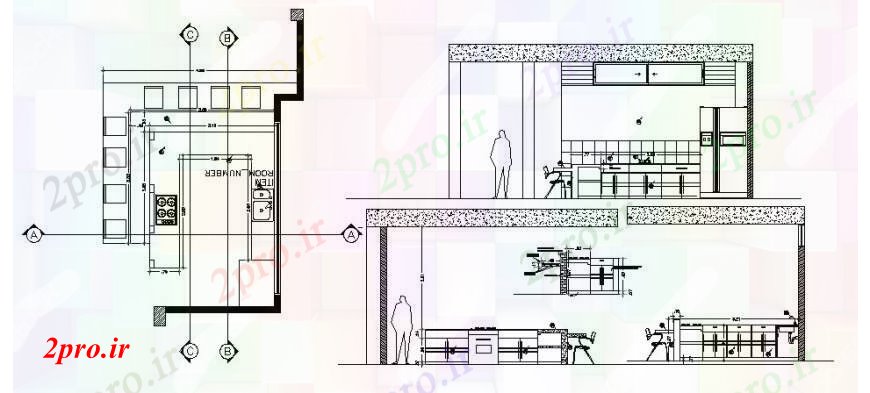 دانلود نقشه آشپزخانه آشپزخانه بخش اصلی و پشت و طرحی های 4 در 6 متر (کد105654)