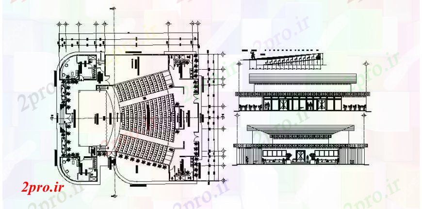 دانلود نقشه تئاتر چند منظوره - سینما - سالن کنفرانس - سالن همایشسالن نما سالن، بخش و طرحی توزیع 29 در 30 متر (کد105658)