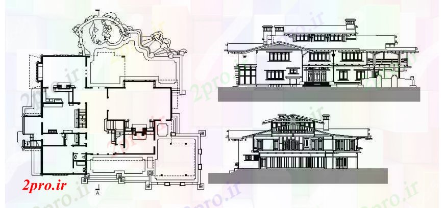 دانلود نقشه مسکونی  ، ویلایی ، آپارتمان  گمبل خانه اصلی و پشت نما و نقشه پوشش  (کد105693)