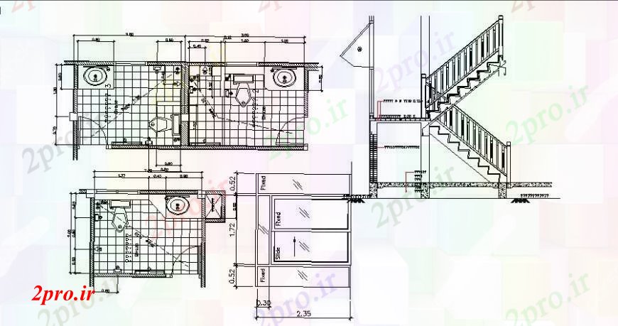 دانلود نقشه حمام مستر طرحی توالت خانه و جزئیات نصب و راه اندازی لوله کشی با راه پله 9 در 16 متر (کد105849)