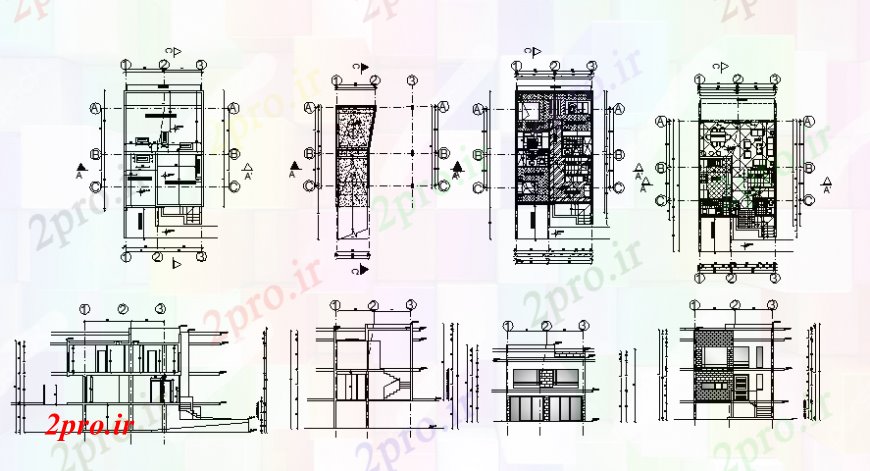 دانلود نقشه مسکونی  ، ویلایی ، آپارتمان  دو دان طرحی طبقه خانه مسکونی نما و بخش جزئیات (کد105876)