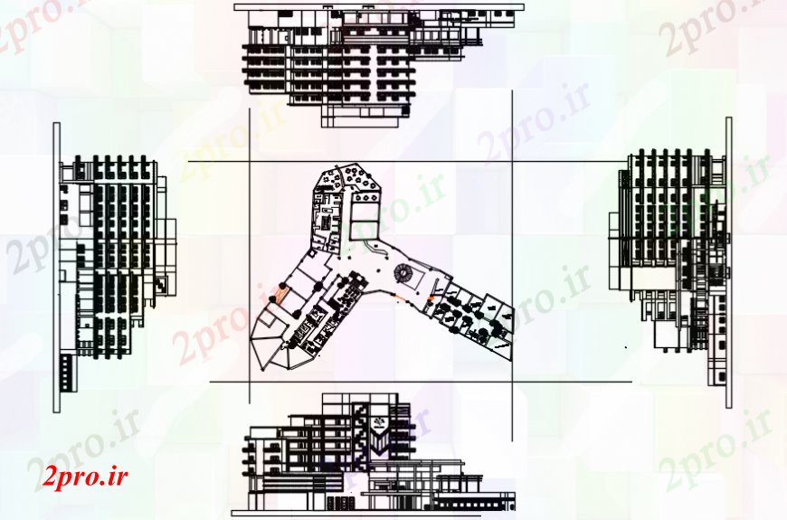 دانلود نقشه هتل - رستوران - اقامتگاه طرحی و نما هتل 72 در 80 متر (کد105965)