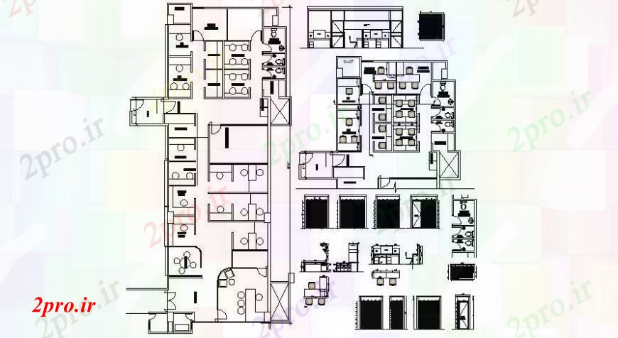 دانلود نقشه ساختمان اداری - تجاری - صنعتی طرحی طبقه دفتر با جزئیات 42 در 95 متر (کد106014)