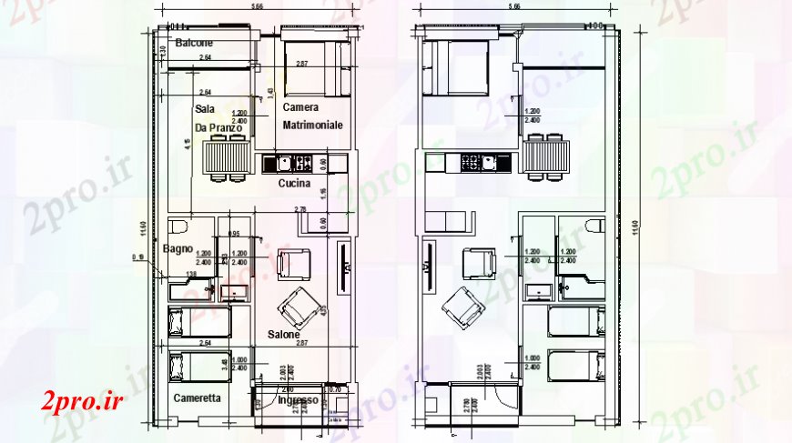 دانلود نقشه مسکونی ، ویلایی ، آپارتمان طرحی طبقه خانگی در دو دان مسکونی در نقشه های اتوکد 6 در 11 متر (کد106153)