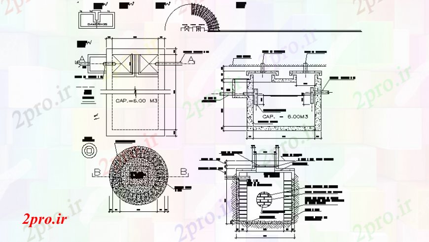 دانلود نقشه جزئیات لوله کشی طراحی مخزن RCC دو بعدی  طرحی و بخش های  (کد106202)