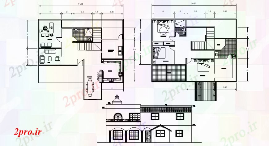 دانلود نقشه مسکونی ، ویلایی ، آپارتمان دو واحد دان مسکن طراحی و نما 11 در 14 متر (کد106343)