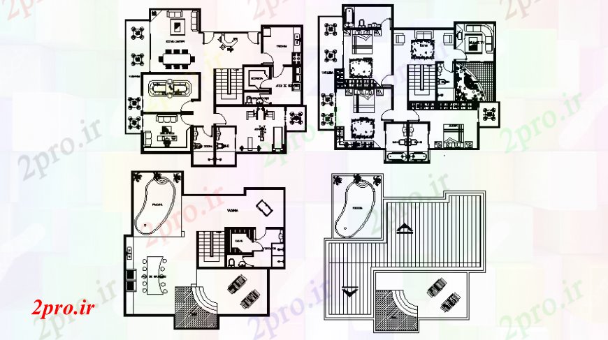 دانلود نقشه مسکونی ، ویلایی ، آپارتمان واحد مسکونی نقشه های کف دو بعدی 12 در 14 متر (کد106349)