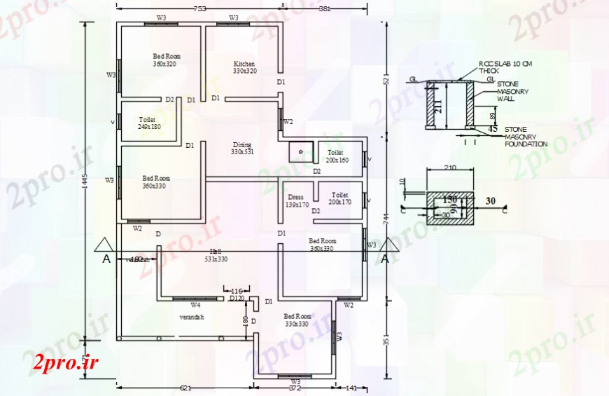 دانلود نقشه مسکونی  ، ویلایی ، آپارتمان  طرحی طبقه خانه با بخش کوچک (کد106392)