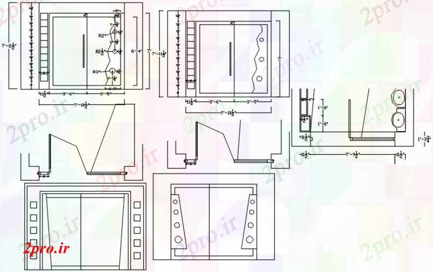 دانلود نقشه بلوک مبلمان اتاق خواب مقابل کمد لباس مدل جزئیات مقطعی (کد106450)