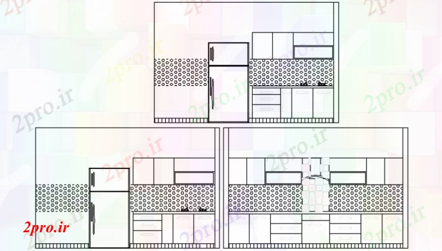 دانلود نقشه آشپزخانه قفس از آشپزخانه مدل مقابل دو بعدی 11 در 16 متر (کد106479)