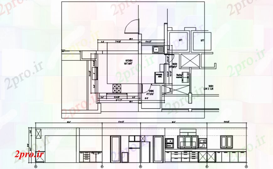 دانلود نقشه آشپزخانه قفس از آشپزخانه مقابل دو بعدی   مدل ارتقاء (کد106547)