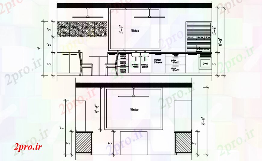 دانلود نقشه آشپزخانه آشپزخانه مدرن مقابل دو بعدی بلوک نما 21 در 28 متر (کد106565)