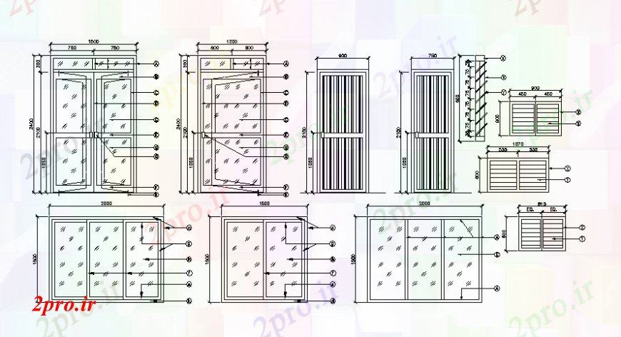دانلود نقشه جزئیات طراحی در و پنجره  درب و پنجره بلوک طراحی  نقشه  دو بعدی   نما اتوکد (کد106599)