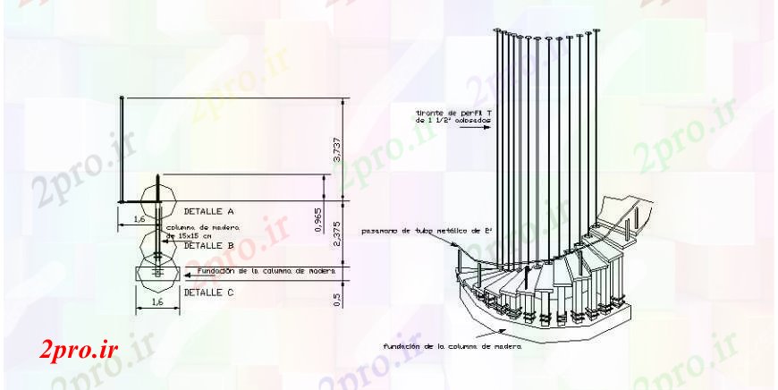 دانلود نقشه جزئیات پله و راه پله   جزئیات اسپیرال پله های چوبی با ستون ساختار  (کد106655)