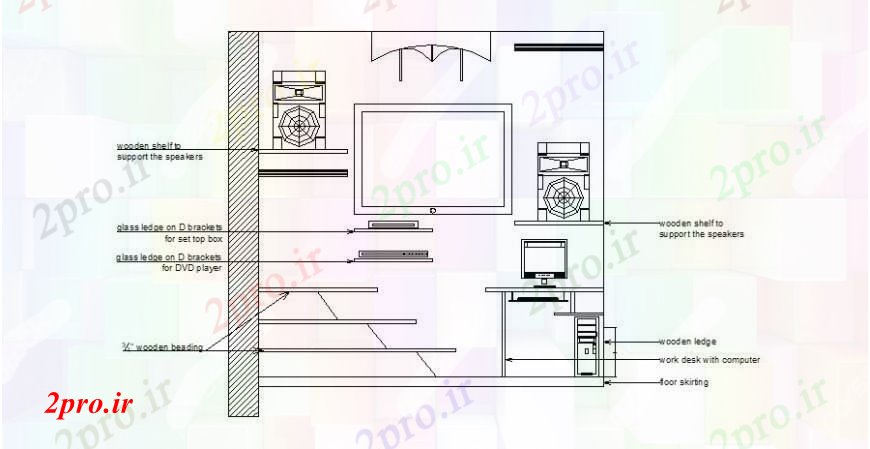 دانلود نقشه طراحی و مبلمان اتاقکابینه تلویزیون از طراحی قسمت جلو اتاق طراحی جزئیات (کد106699)