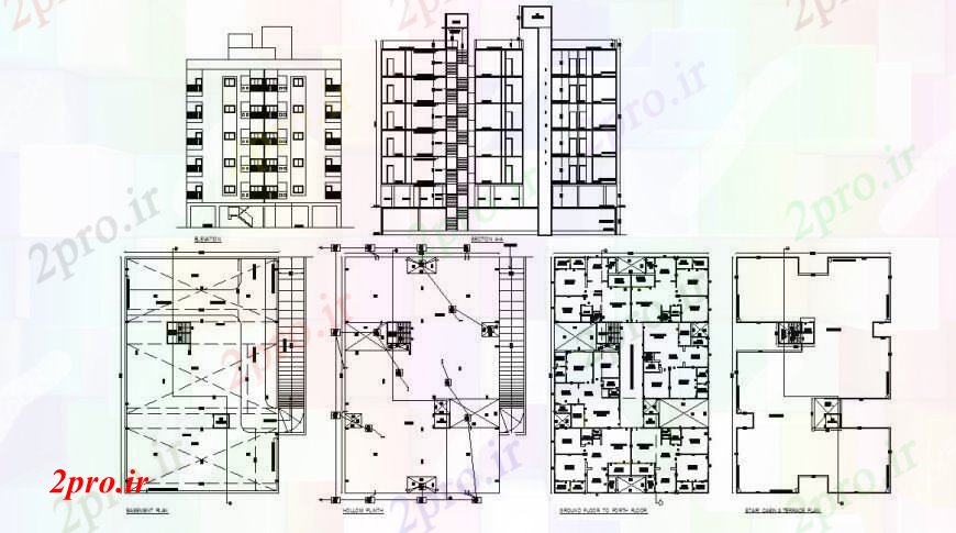 دانلود نقشه مسکونی ، ویلایی ، آپارتمان نما بلوک ساختمان آپارتمان و توزیع طرحی های 9 در 20 متر (کد106836)