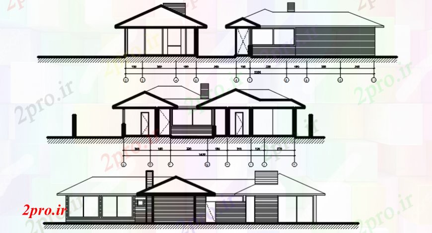 دانلود نقشه مسکونی  ، ویلایی ، آپارتمان  طراحی جزئیات از بلوک های خانه نمای  دو بعدی  (کد107005)