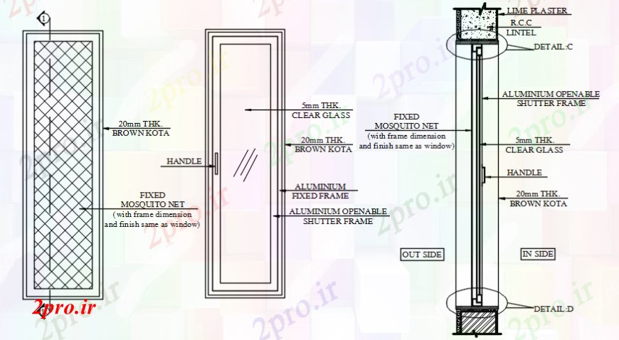 دانلود نقشه جزئیات طراحی در و پنجره  بلوک Glassdoor در نما  دو بعدی  و بخش (کد107029)