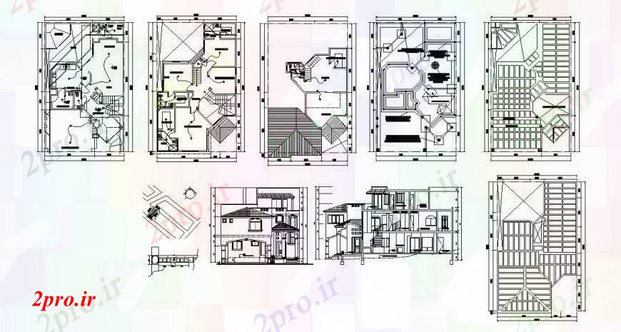 دانلود نقشه مسکونی  ، ویلایی ، آپارتمان  خانه سه طبقه اصلی نما، بخش، برنامه ریزی و خودکار  (کد107084)