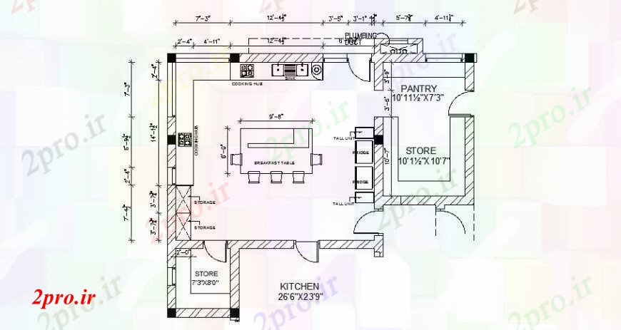دانلود نقشه آشپزخانه طراحی آشپزخانه مشترک با مبلمان 42 در 29 متر (کد107117)