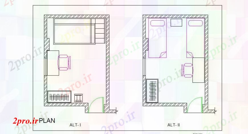 دانلود نقشه حمام مستر اتاق خواب خانه با دو تخت یک نفره طراحی های 35 در 36 متر (کد107131)