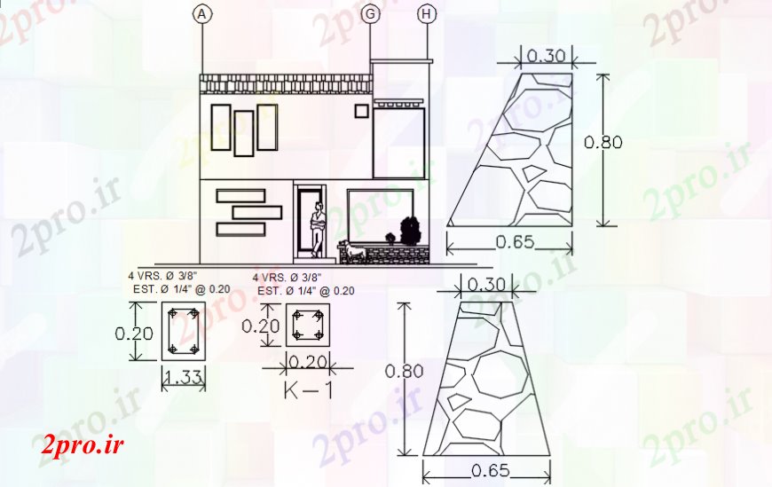 دانلود نقشه مسکونی ، ویلایی ، آپارتمان نما دو بعدی از خانه با آوردن 7 در 18 متر (کد107201)