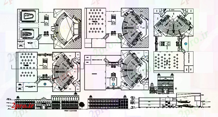 دانلود نقشه تئاتر چند منظوره - سینما - سالن کنفرانس - سالن همایشطراحی جزئیات سالن طرحی ساختمان نما 65 در 105 متر (کد107322)