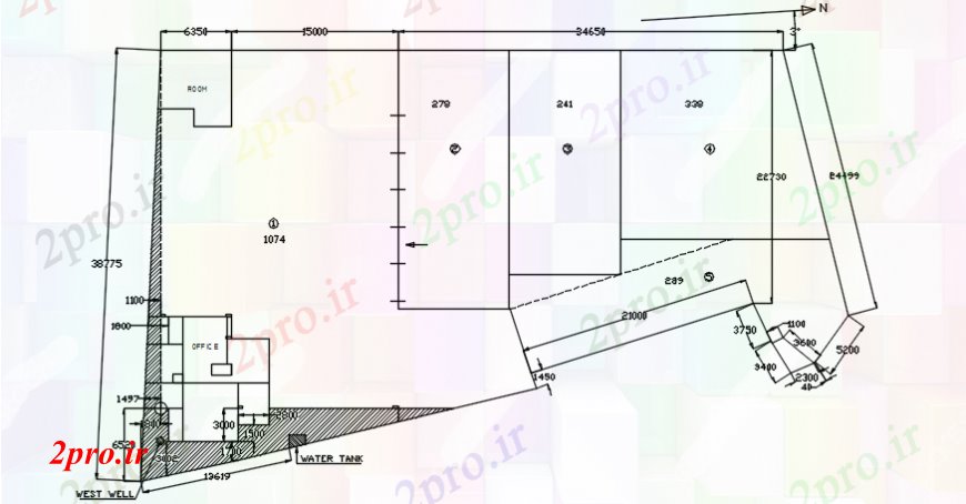 دانلود نقشه ساختمان اداری - تجاری - صنعتی دفتر فاصله طرح 38 در 56 متر (کد107428)