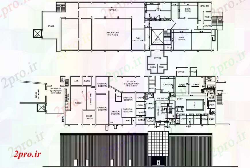 دانلود نقشه کارخانه صنعتی  ، کارگاه بالا پلان طرحی از کارخانه (کد107466)