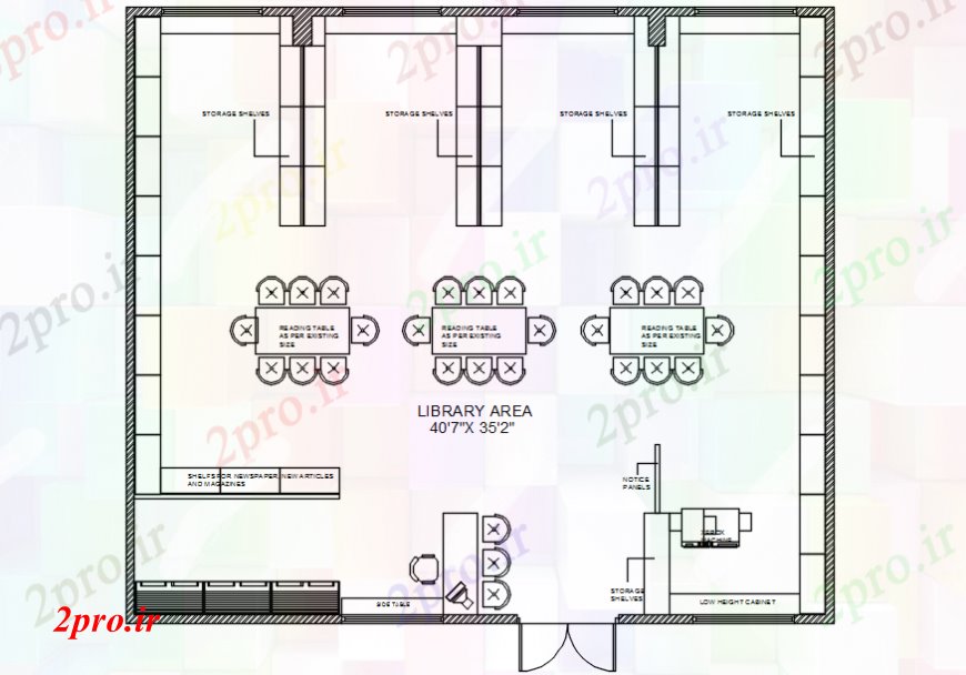 دانلود نقشه ساختمان دولتی ، سازمانی طرحی نمای بالای کتابخانه جزئیات 16 در 22 متر (کد107475)