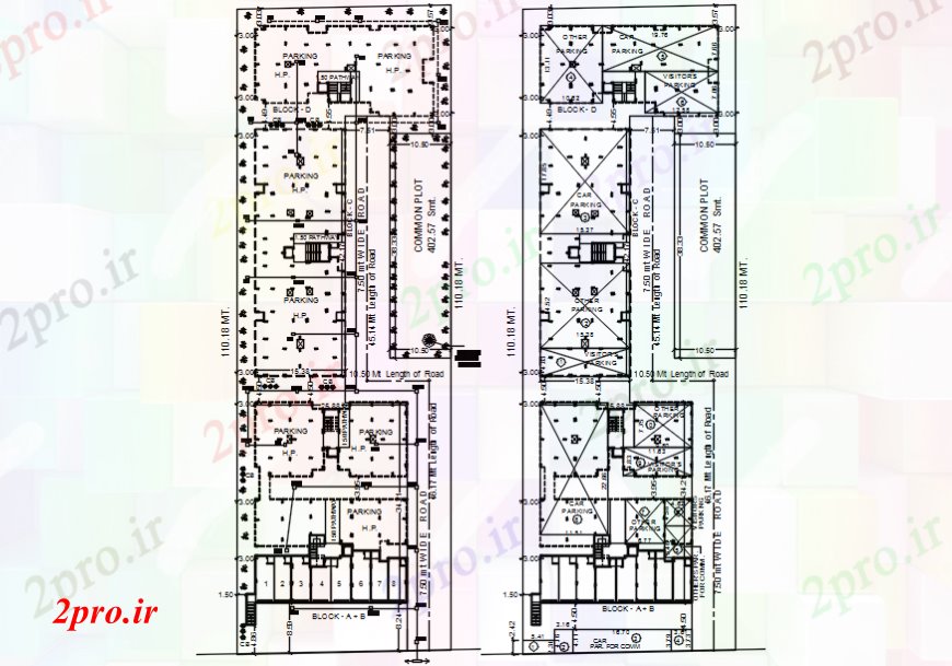 دانلود نقشه مسکونی ، ویلایی ، آپارتمان پارکینگ طرحی نمای بالا 30 در 105 متر (کد107486)