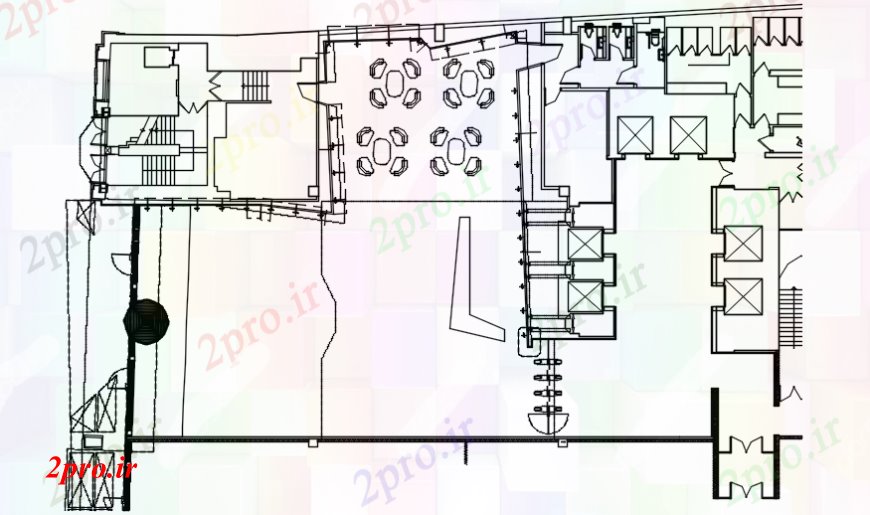 دانلود نقشه هتل - رستوران - اقامتگاه کافی نت بالای صفحه جزئیات طراحی 11 در 18 متر (کد107631)