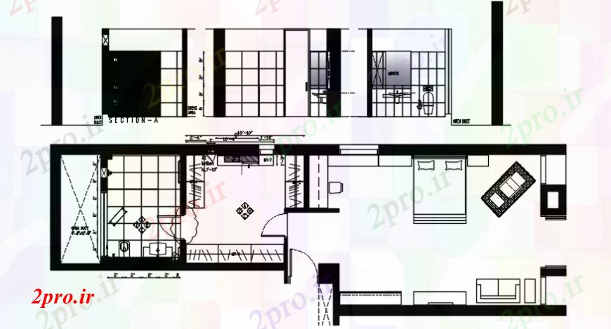 دانلود نقشه حمام مستر طرحی اتاق خواب و نما طراحی دو بعدی اتوکد 22 در 70 متر (کد107658)