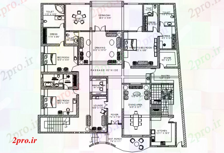 دانلود نقشه مسکونی ، ویلایی ، آپارتمان مدل طرحی خانه مدرن نمای بالا 52 در 72 متر (کد107707)