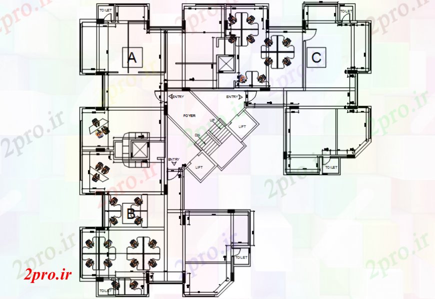 دانلود نقشه جزئیات و فضای داخلی شرکت نقشه های از ساختمان اداری دو بعدی نظر 100 در 107 متر (کد107774)