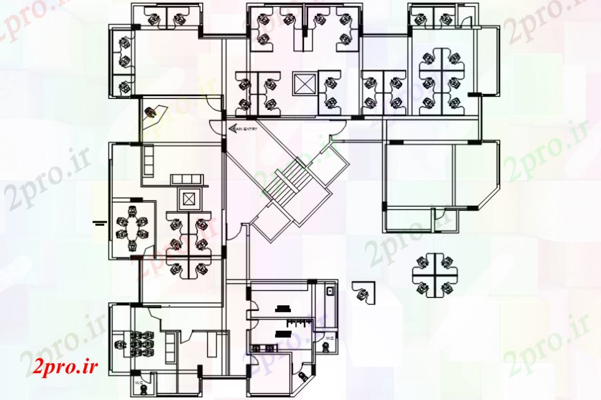 دانلود نقشه ساختمان اداری - تجاری - صنعتی طرحی طبقه از ساختمان اداری دو بعدی طراحی نمای اتوکد 107 در 107 متر (کد107775)