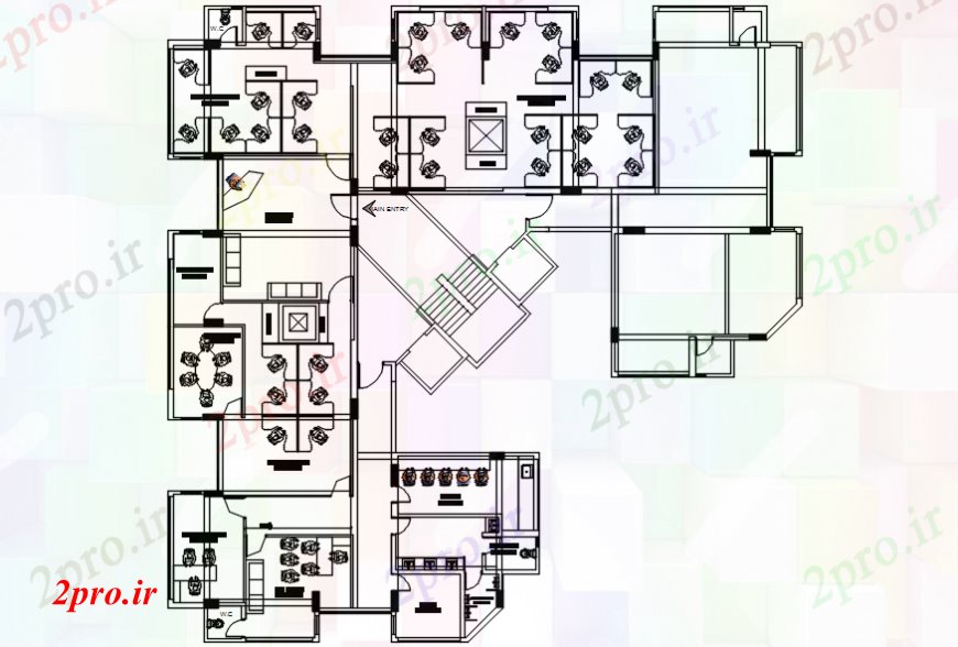 دانلود نقشه جزئیات و طراحی داخلی دفتر طرحی خط مرکز ساختمان اداری طرحی بندی اتوکد 100 در 107 متر (کد107777)